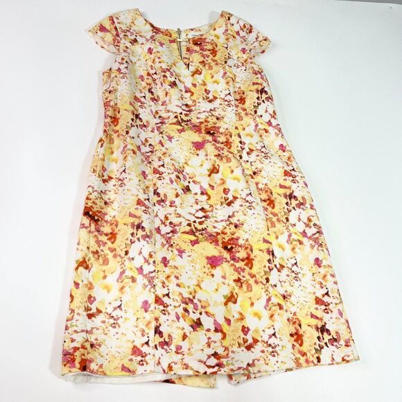 Calvin Klein Womens Linen Multicolor Round Neck Cap Sleeve Sheath Dress Sz 12 - Picture 1 of 10
